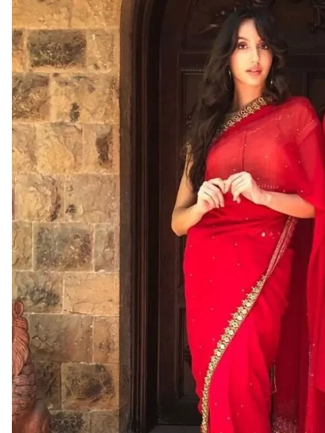nora-fatehi-style-red-georgette-lace-work-saree-luxomatik